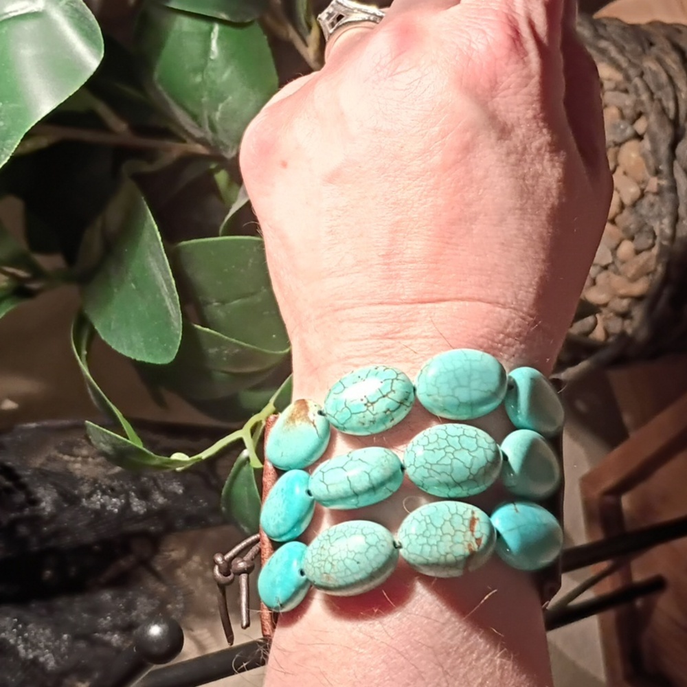Genuine Handmade Turquoise Beaded Leather Bracelet - Picture 10 of 15